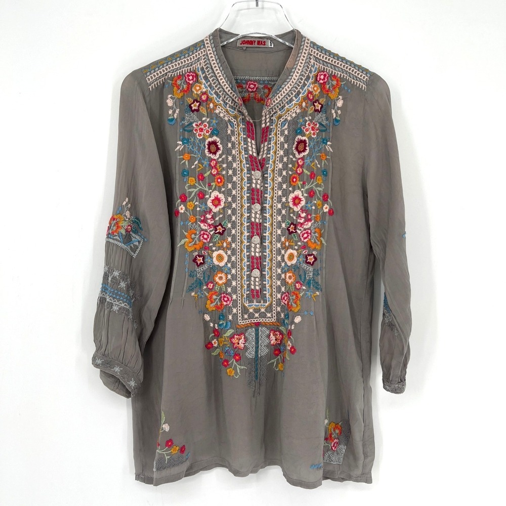 Johnny Was Top Womens XS Embroidered Floral Boho Hippie Western Peasant
